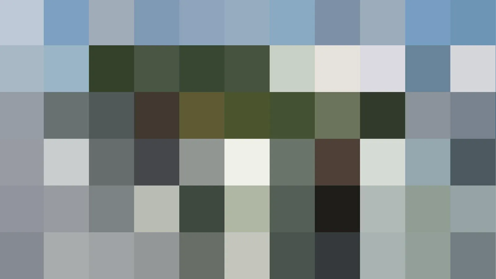 Abstraktes Mosaik aus quadratischen Pixelblöcken in Grau, Blau, Grün und Braun, in zehn Spalten und sechs Reihen angeordnet.
