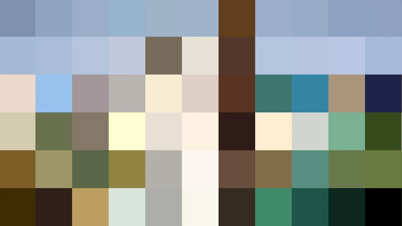 Pixeliges Raster aus Farbquadraten: oben kühle Blau- und Grautöne, in der Mitte helle Beige- und Brauntöne, unten Grün, Erdtöne und Schwarz.