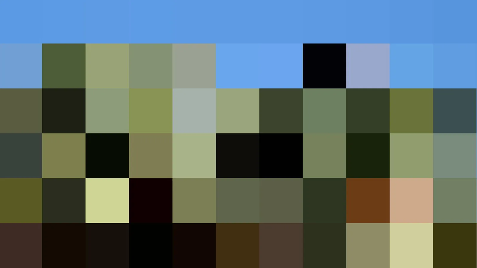 Pixelmosaik mit blauem Himmel oben und grünen, braunen und dunklen Blöcken darunter