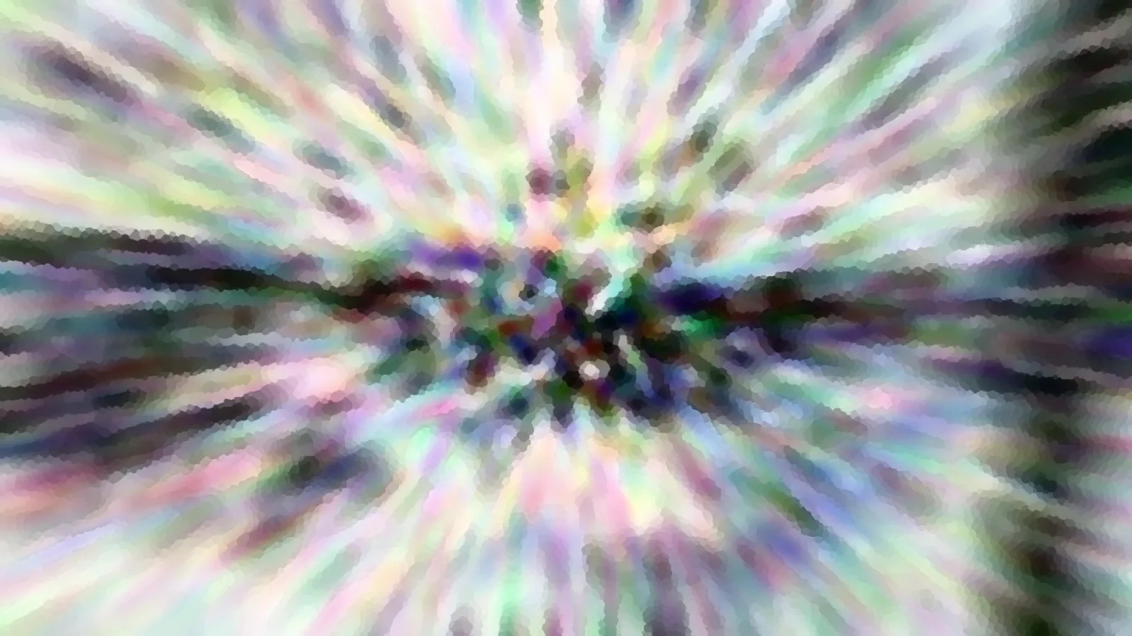 Abstraktes Bild mit radial von einem dunklen Zentrum nach außen laufenden pastellfarbenen Streifen in Grün, Violett, Rosa und Weiß.