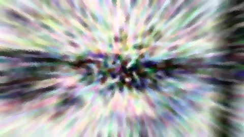 Abstraktes Bild mit radial von einem dunklen Zentrum nach außen laufenden pastellfarbenen Streifen in Grün, Violett, Rosa und Weiß.