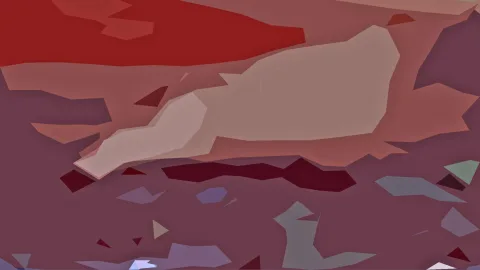 Abstrakte Komposition aus roten, rosafarbenen und violetten Polygonen mit einer hellen, länglichen Form in der Mitte.