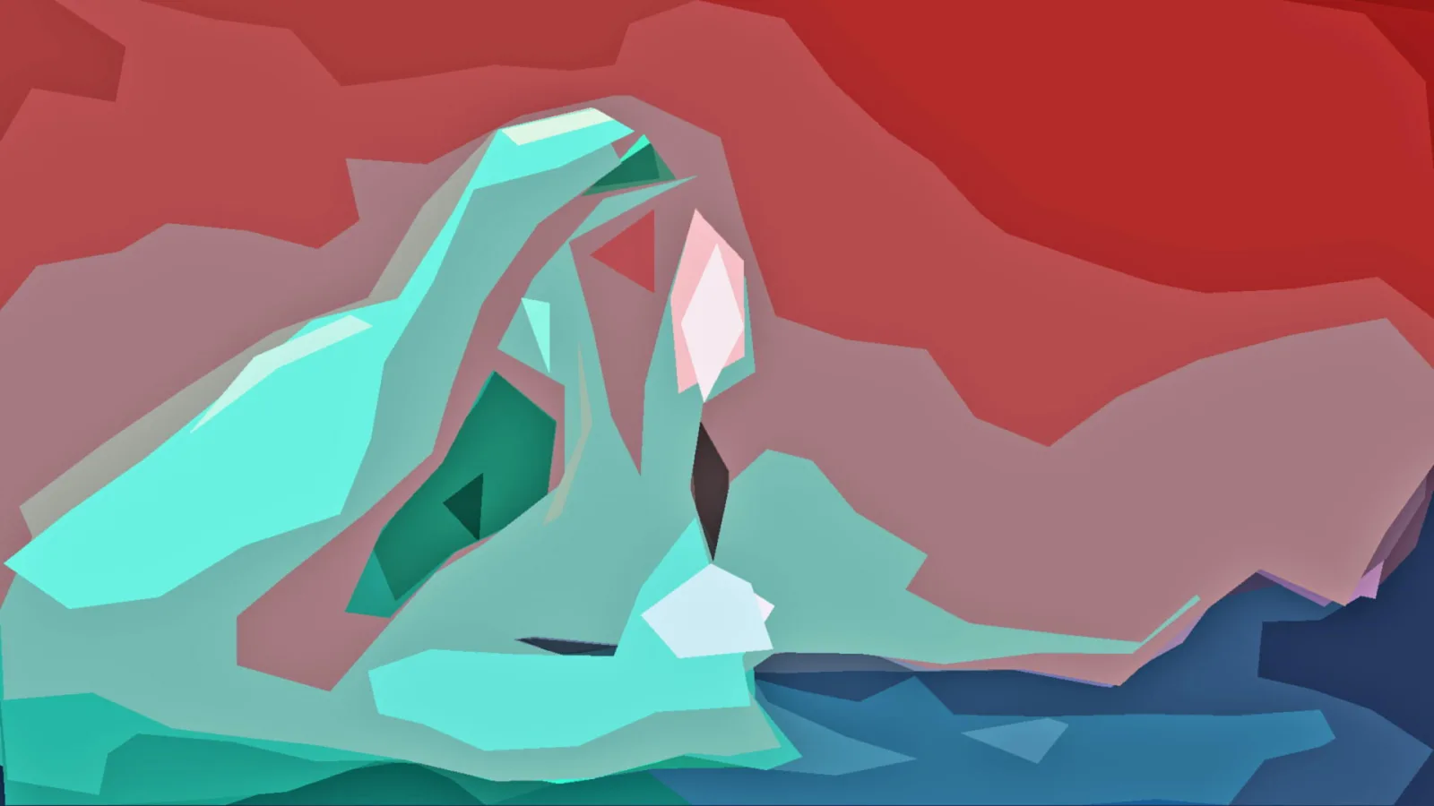 Abstrakte low-poly-Komposition mit türkisfarbenen und mintgrünen Flächen vor roten und rosafarbenen Hintergründen, unten rechts eine dunkelblaue Fläche.