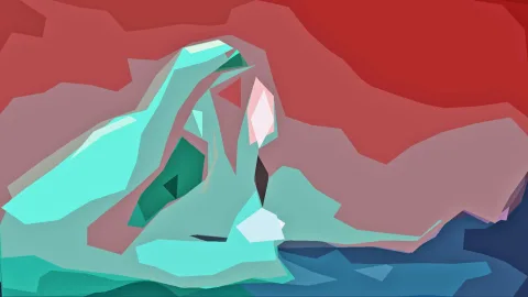 Abstrakte low-poly-Komposition mit türkisfarbenen und mintgrünen Flächen vor roten und rosafarbenen Hintergründen, unten rechts eine dunkelblaue Fläche.