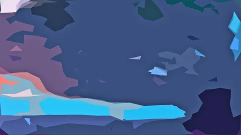 Abstrakte Komposition aus flachen, kantigen Formen in Blau, Violett und Hellblau, mit einem leuchtend cyanfarbenen Streifen im unteren Drittel und dunklen Flächen an den Rändern.