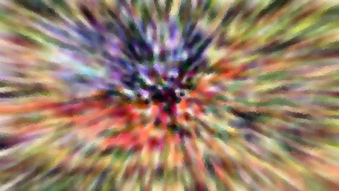 Abstraktes Bild mit radial von einem dunklen violetten Zentrum ausstrahlenden, bunten Farbstreifen in Lila, Rot, Grün und Gelb.