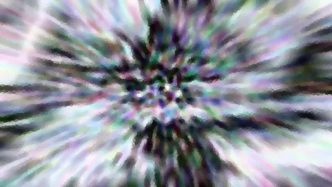 Abstrakte Komposition aus pastellfarbenen Streifen, die von einem dunklen Zentrum radial nach außen strahlen, mit mosaikartig gepixelten Kanten.
