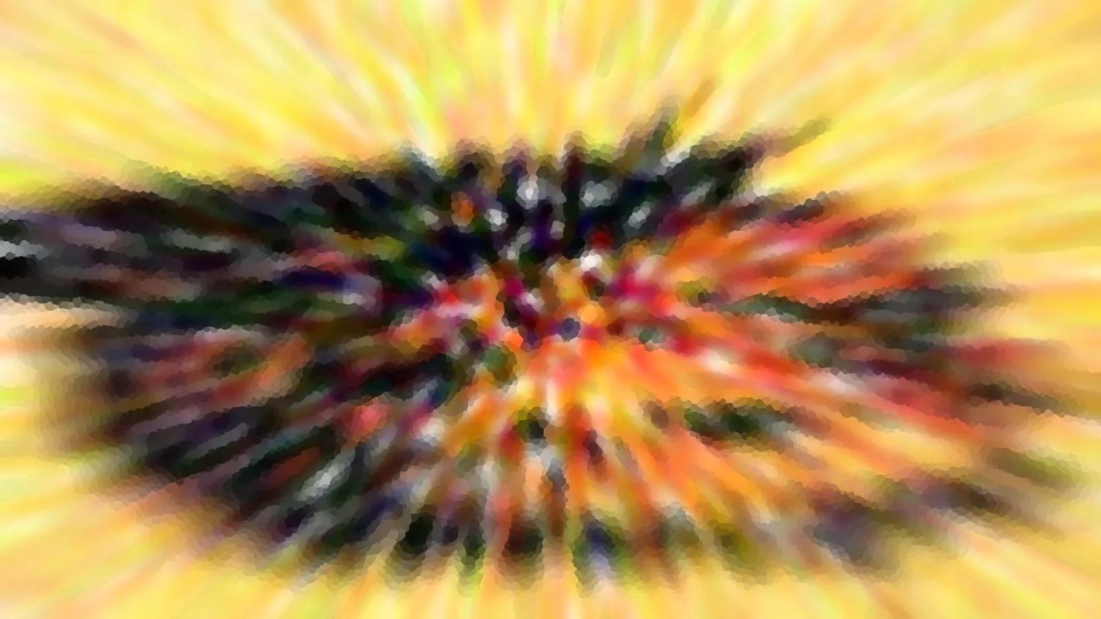 Abstrakte Komposition mit radialem Weichzeichner: ein dunkles, buntes Zentrum aus Grün, Schwarz und Rot, umgeben von gelben und orangefarbenen Strahlen.