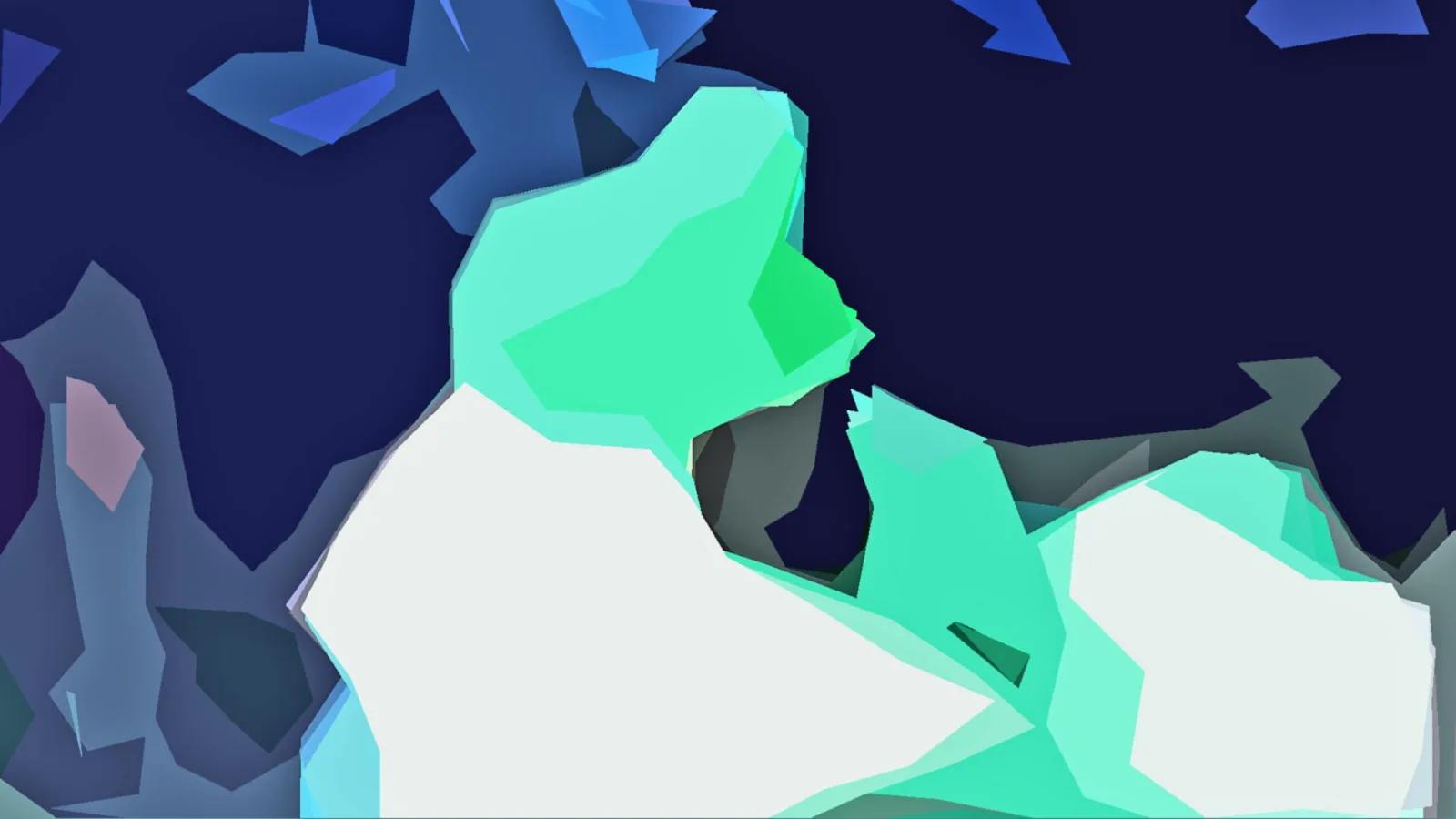 Abstrakte Low-Poly-Komposition aus mintgrünen und weißen Flächen auf dunkelblauem Hintergrund.