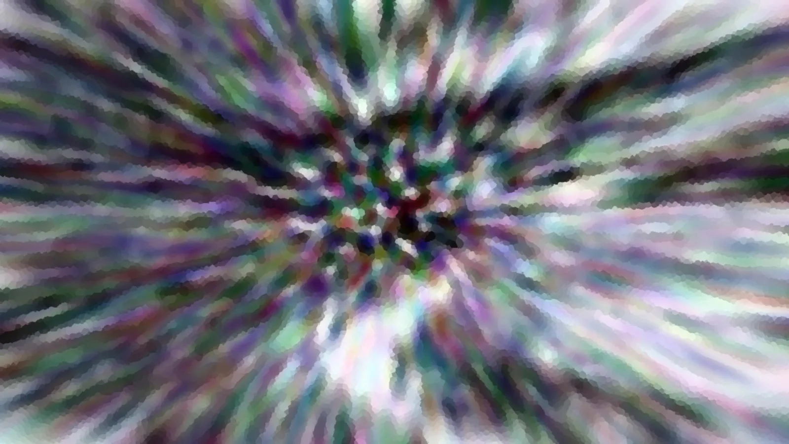 Abstrakte Komposition aus bunten, verwischten Streifen in Violett, Grün und Weiß, die von einem dunklen Zentrum radial nach außen laufen.
