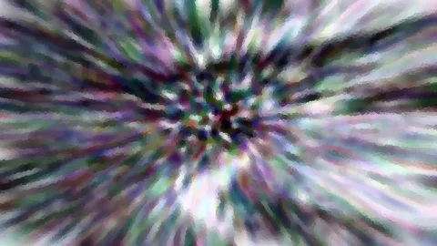 Abstrakte Komposition aus bunten, verwischten Streifen in Violett, Grün und Weiß, die von einem dunklen Zentrum radial nach außen laufen.