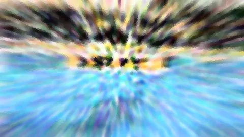 Abstrakte Komposition mit radialen Schlieren in Blau, Türkis und Gelb, dunkle Flecken im oberen Mittelbereich.