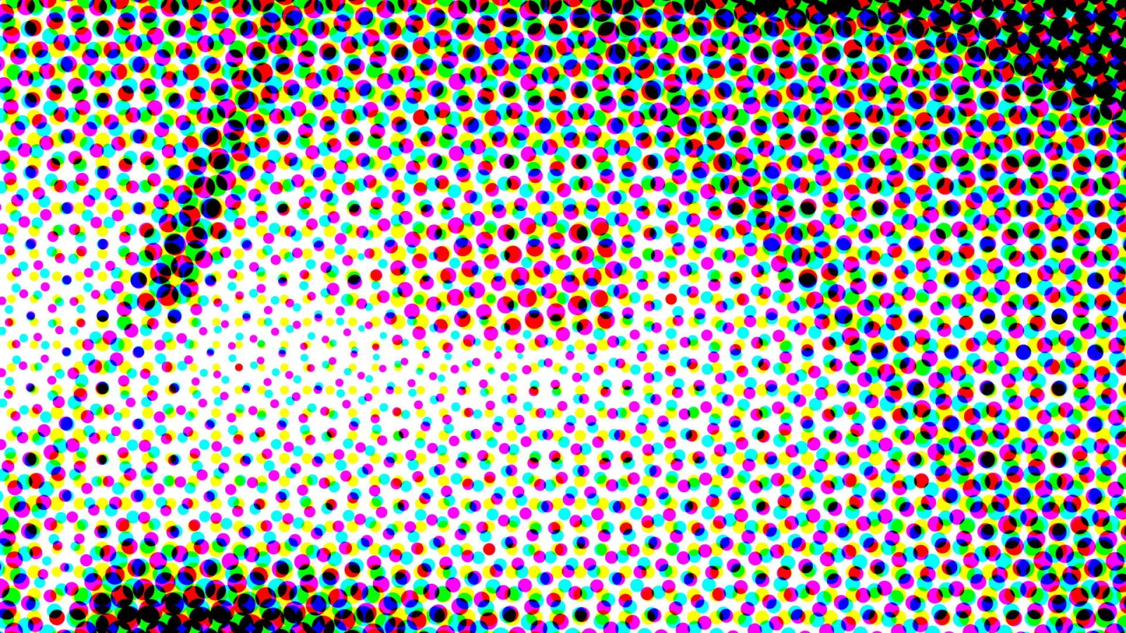 Dichtes Raster aus farbigen Punkten in Rot, Grün, Blau, Gelb, Cyan, Magenta und Schwarz auf weißem Grund, zu den Ecken hin dichter