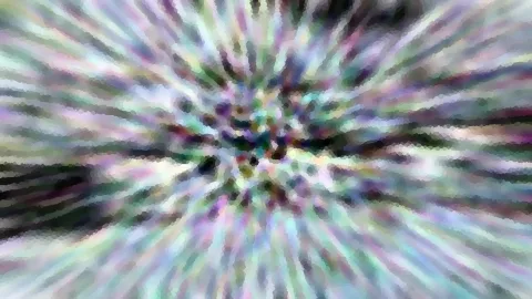 Abstrakte Komposition aus Farbstrahlen, die radial von einer dunkleren Mitte nach außen laufen, in Pastelltönen aus Lila, Grün und Weiß mit mosaikartiger Körnung.