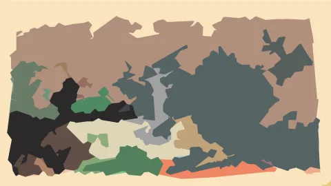Abstrakte Komposition aus unregelmäßigen Farbflächen in Braun, Schwarz, Grün, Grau und Beige auf hellem Hintergrund.