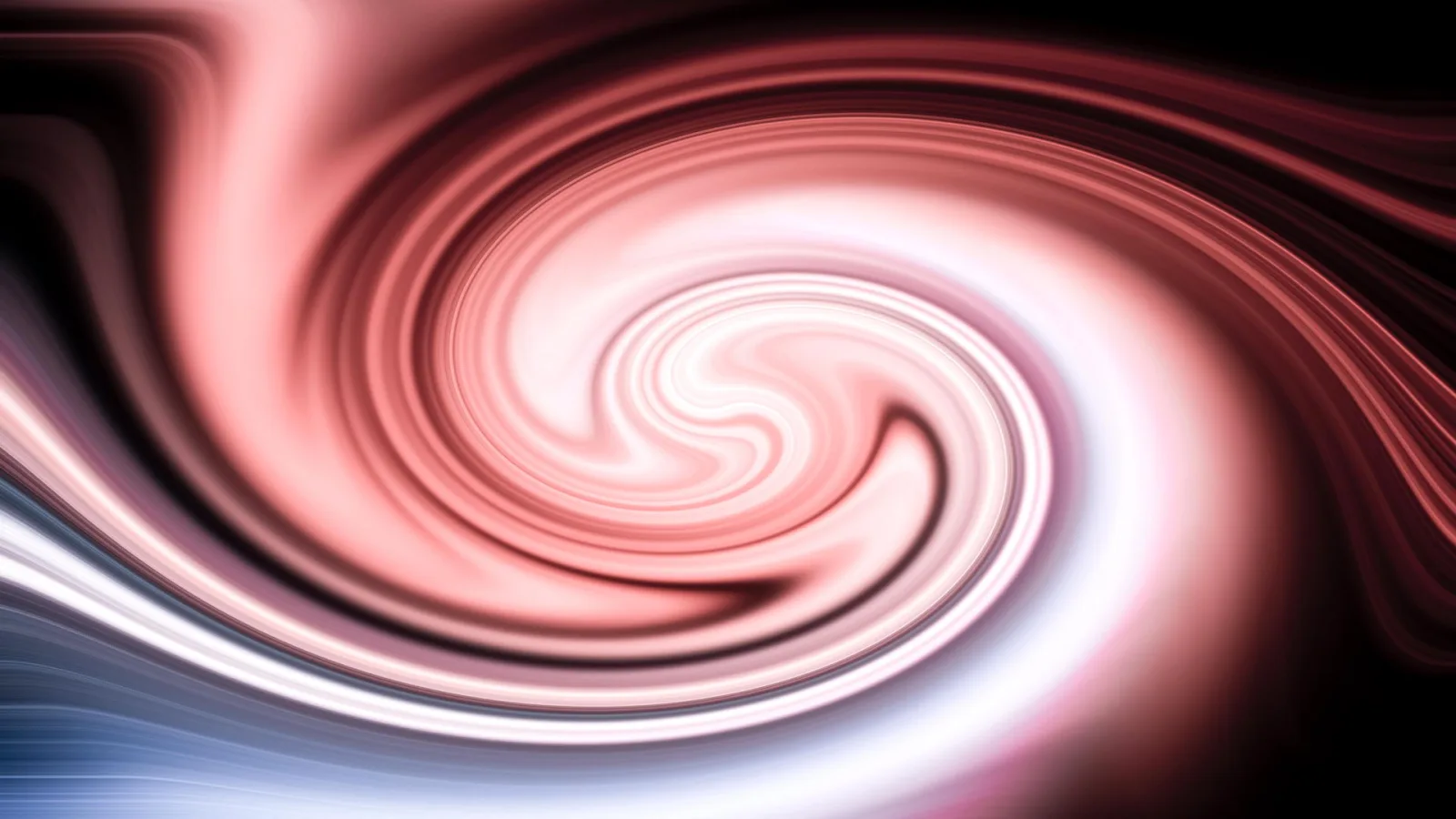 Abstrakter Strudel aus rosa, roten und weißen Schlieren, die sich von einem Zentrum rechts der Mitte spiralförmig nach außen drehen, vor schwarzem Hintergrund mit bläulichem Schimmer unten links.