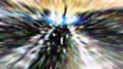 Abstrakte Komposition aus radial verlaufenden, farbigen Schlieren und Lichtstrahlen, die von einem dunklen Zentrum in der Mitte nach außen strahlen.