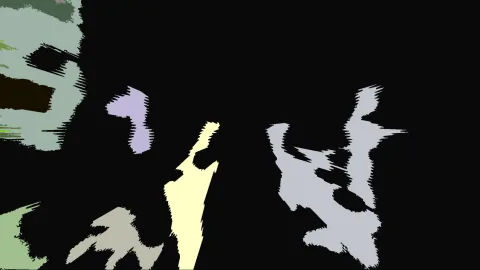 Abstrakte Komposition aus hellgrünen, lila, cremefarbenen und grauen Farbflächen auf schwarzem Grund