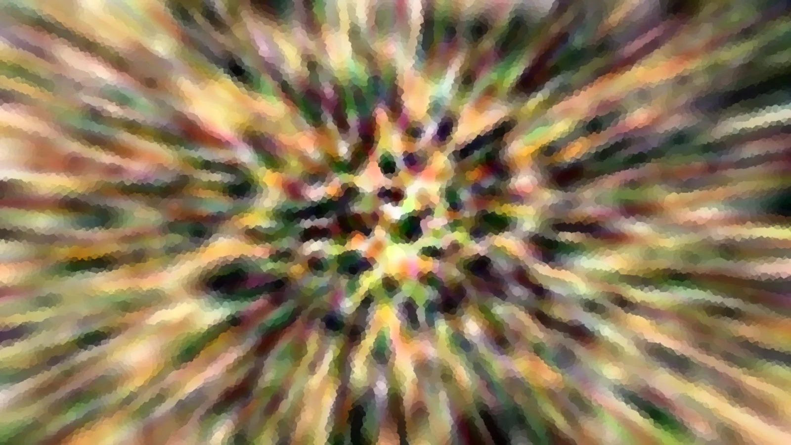 Abstrakte Komposition aus grünen, gelben und orangefarbenen Farbstreifen, die von einem zentralen Punkt nach außen strahlen und mosaikartig verpixelt wirken.