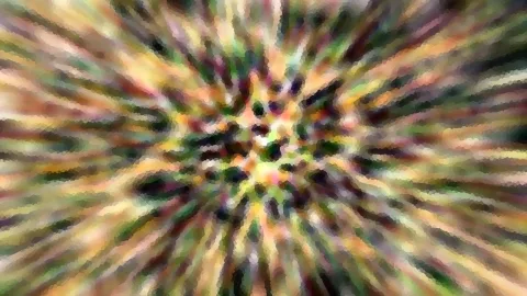 Abstrakte Komposition aus grünen, gelben und orangefarbenen Farbstreifen, die von einem zentralen Punkt nach außen strahlen und mosaikartig verpixelt wirken.