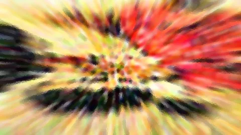 Abstrakte Komposition aus rot, gelb und grün leuchtenden Streifen, die radial von einem dunklen Zentrum nach außen laufen, mit mosaikartig verpixelter Struktur.