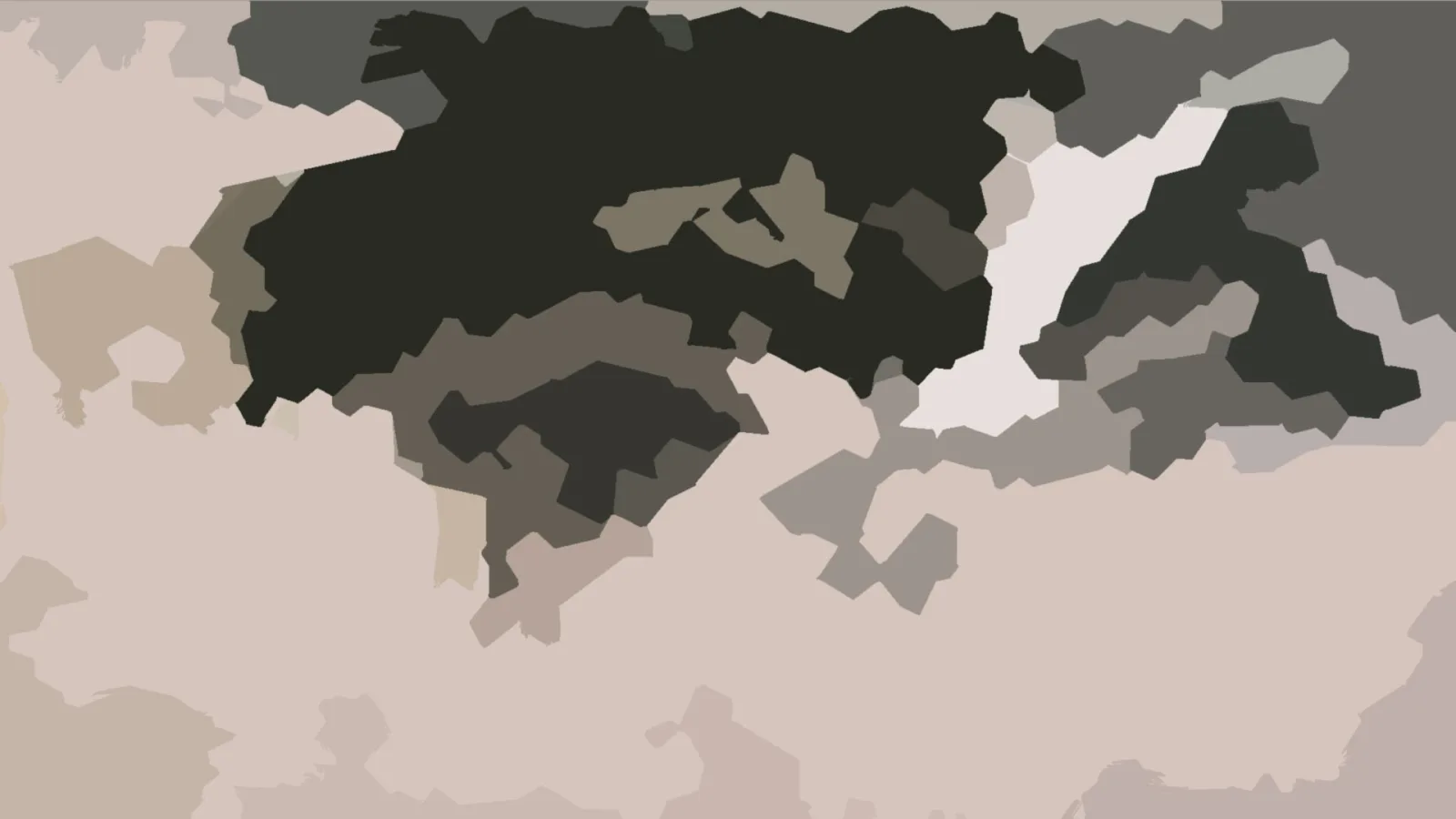 Abstraktes Bild aus unregelmäßigen, flächigen Formen in Schwarz, Dunkelgrau, Beige und Weiß, die sich über die Fläche verteilen.