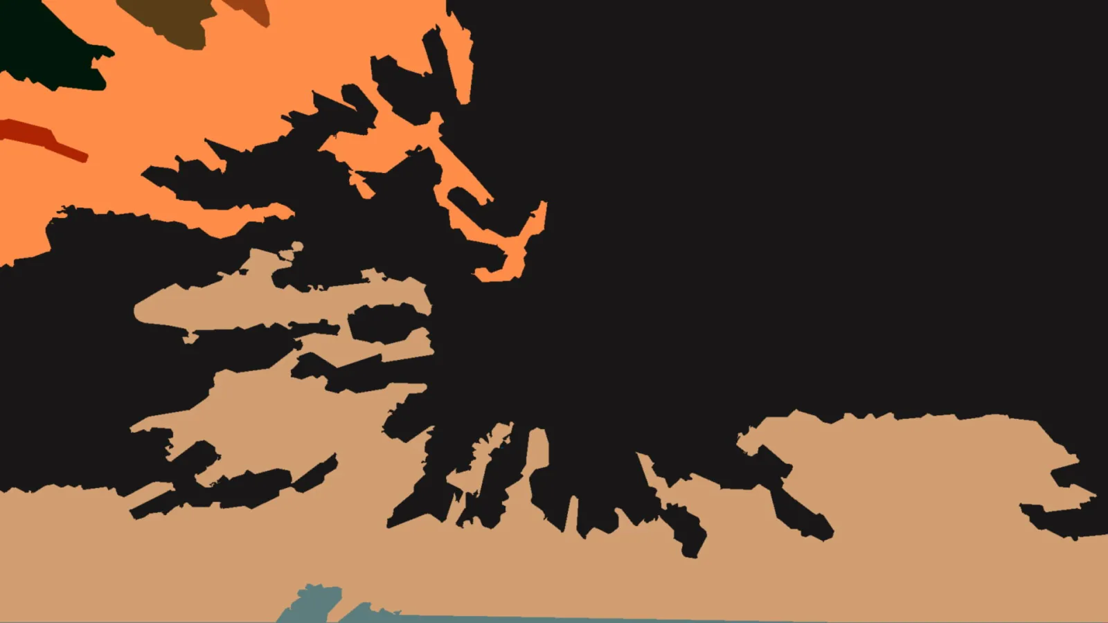Abstrakte Komposition aus scharfkantigen schwarzen Flächen vor orangefarbenem, sandfarbenem und hellblauem Hintergrund, im oberen Bereich dunkelgrüne und rotbraune Farbfelder.
