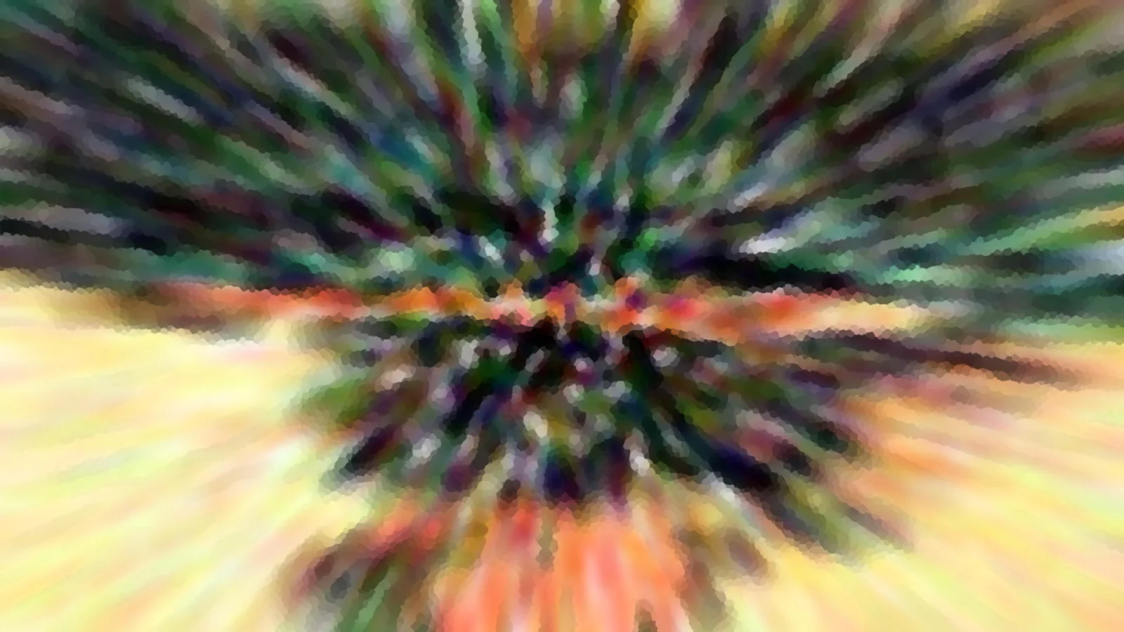Abstraktes Bild mit einem dunklen, radialen Zentrum aus grünen, violetten und roten Streifen, die nach außen in gelbe und orangefarbene Töne übergehen.