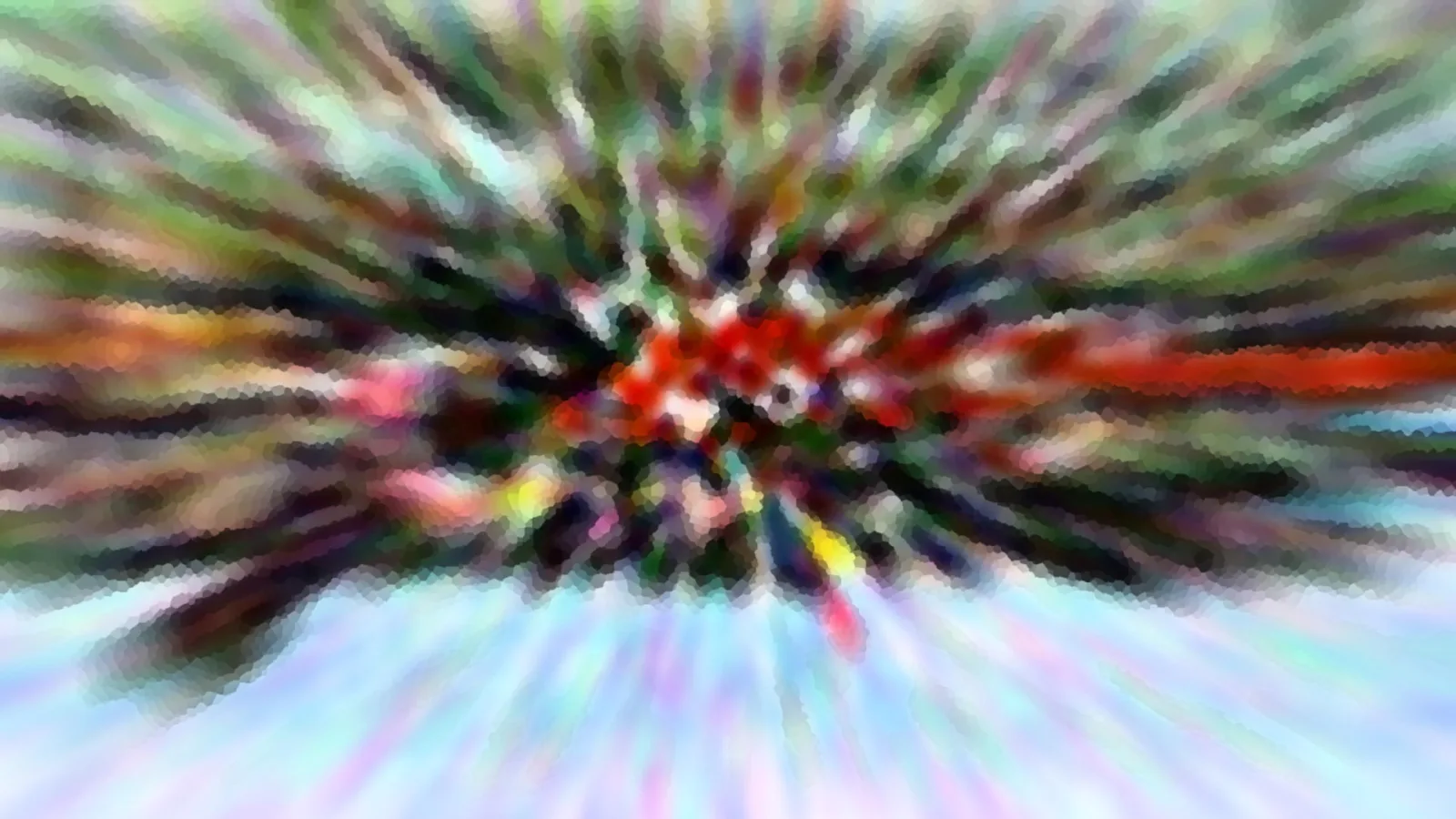 Abstrakte Komposition aus farbigen Streifen, die von einem roten Zentrum radial nach außen laufen, unten eine helle, hellblaue Fläche.