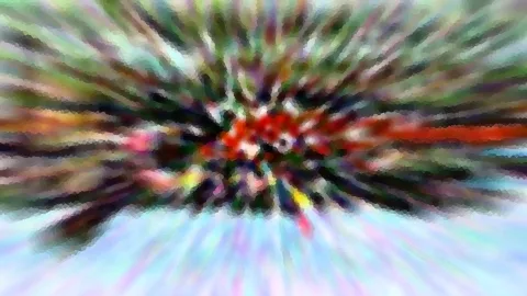 Abstrakte Komposition aus farbigen Streifen, die von einem roten Zentrum radial nach außen laufen, unten eine helle, hellblaue Fläche.