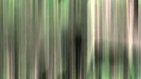 Abstrakte Komposition aus senkrechten, verwischten Streifen in Grün, Grau und Weiß mit dunkleren Bereichen in der Mitte