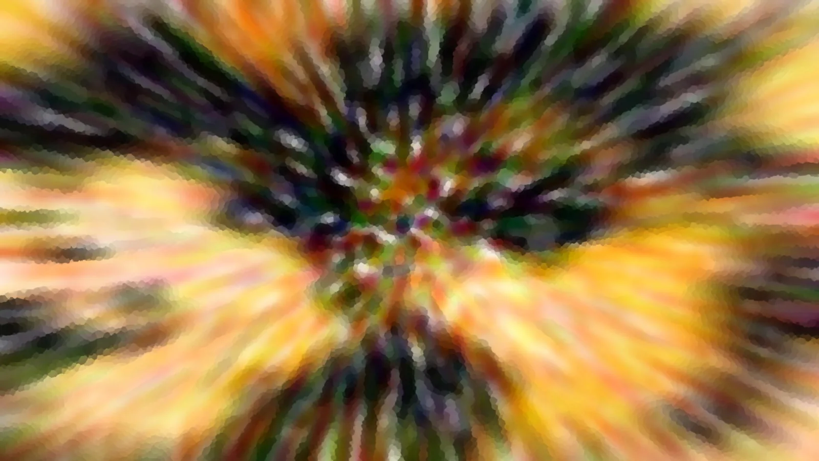 Abstrakte, radial verwischte Farbstruktur mit gelben, orangen und dunkelgrünen Strahlen, die von einem dunklen Zentrum nach außen laufen.