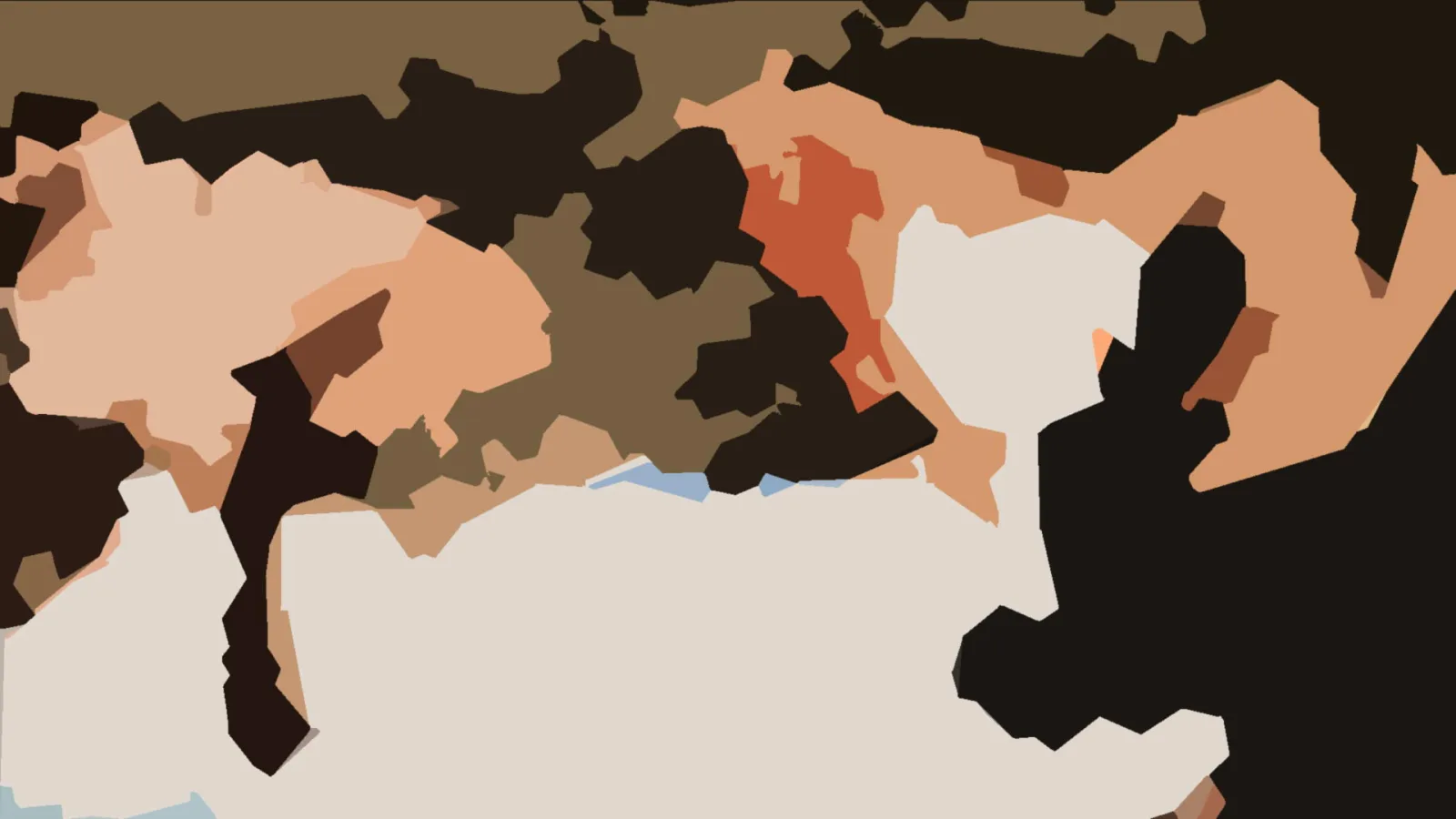 Abstrakte Komposition aus flachen braunen, beigen und schwarzen Formen mit orangeroten und hellblauen Akzenten.