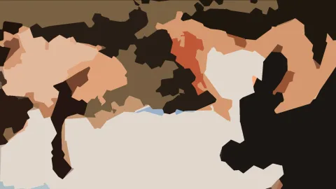 Abstrakte Komposition aus flachen braunen, beigen und schwarzen Formen mit orangeroten und hellblauen Akzenten.