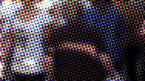 Abstraktes Raster aus bunten Punkten in Rot, Grün, Blau, Cyan, Magenta und Gelb auf schwarzem Grund, links dicht und hell, rechts dunkel.