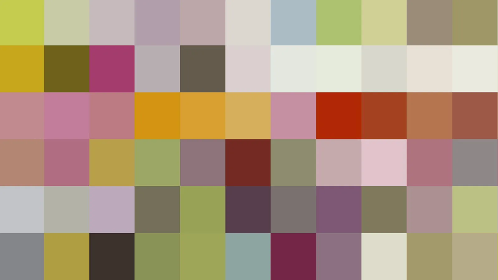 Raster aus farbigen Quadraten in Gelb, Rosa, Rot, Grün, Grau und Violett, ohne erkennbares Motiv.