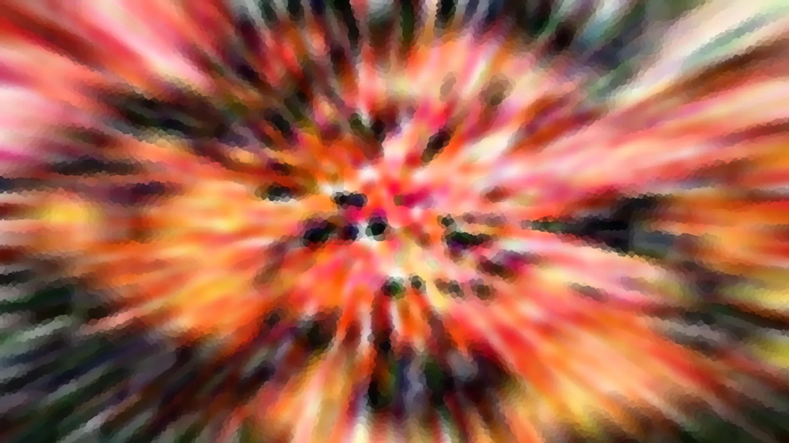 Abstrakte Komposition aus bunten Schlieren in Orange, Rot, Gelb und Pink, die von einem dunklen Zentrum radial nach außen strahlen.