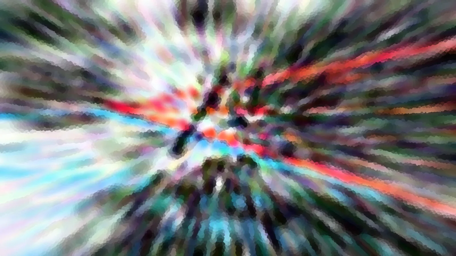 Abstrakte Komposition aus bunten Streifen in Rot, Cyan, Grün und Weiß, die von einem dunklen Zentrum radial nach außen laufen.
