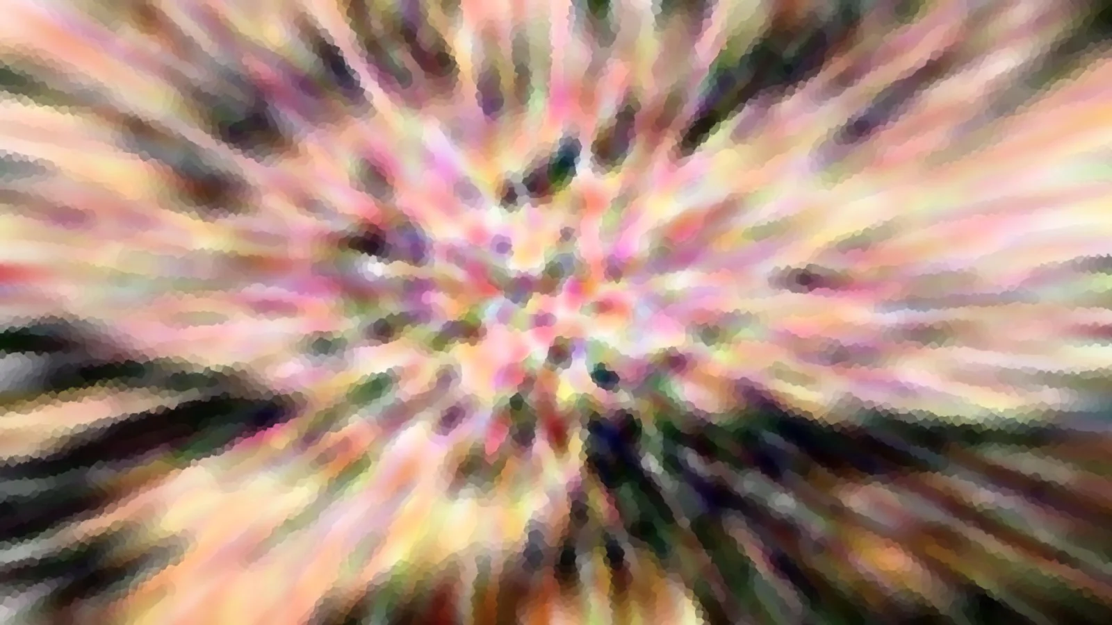 Abstrakte Komposition aus pastellfarbenen Streifen, die von einem hellen Zentrum radial nach außen strahlen, mit mosaikartiger Körnung und dunklen Rändern.