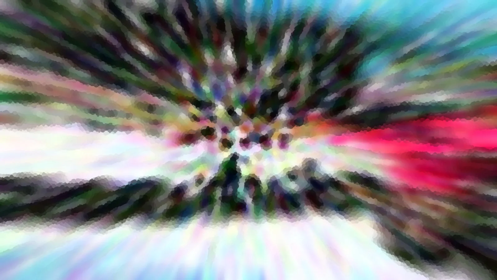 Abstrakte Komposition aus bunten Farbschlieren, die von einem hellen Zentrum radial nach außen strahlen, mit grünen, pinken und weißen Tönen und einem feinen Pixelraster.