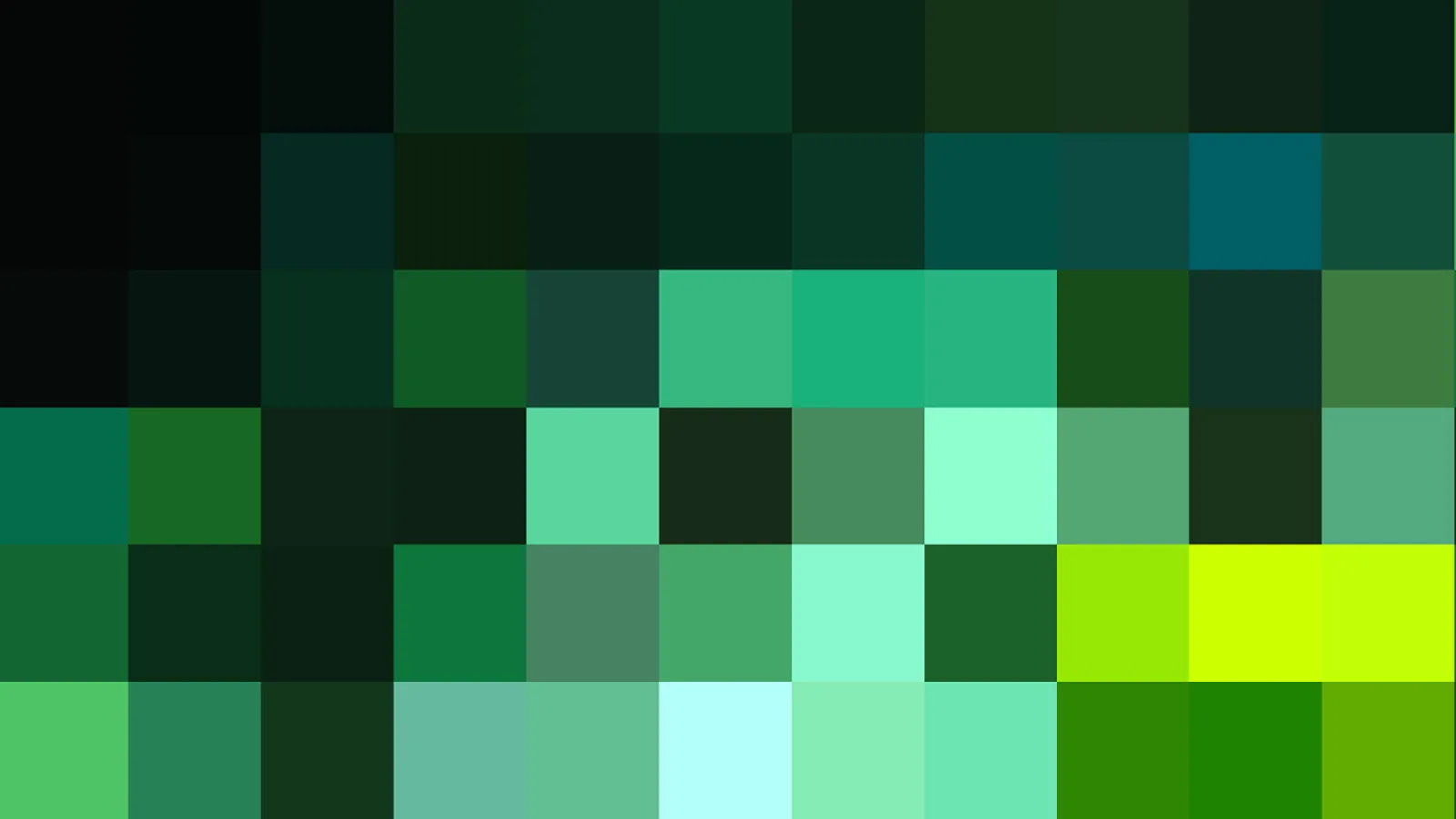 Abstraktes Mosaik aus quadratischen Pixelfeldern in Grün-, Türkis- und Mintönen, von fast Schwarz links bis zu leuchtendem Gelbgrün rechts.