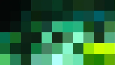 Abstraktes Mosaik aus quadratischen Pixelfeldern in Grün-, Türkis- und Mintönen, von fast Schwarz links bis zu leuchtendem Gelbgrün rechts.