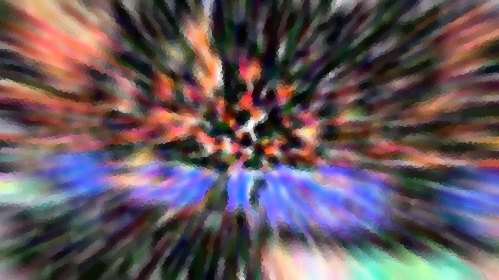 Abstraktes Bild mit radial von der Mitte ausstrahlenden, verwischten Streifen in Orange, Violett, Blau und Grün, leicht gemosaikt.