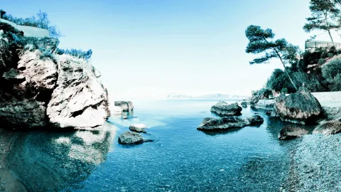 Felsige Bucht mit klarem blauem Wasser, im Vordergrund Felsbrocken, rechts eine schräg stehende Kiefer und Büsche am Ufer, im Hintergrund heller Horizont.