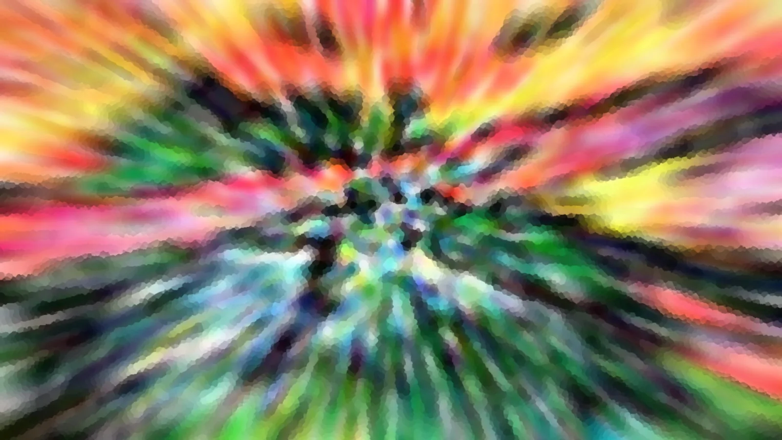Abstraktes Bild mit radialen, bunten Streifen in Rot, Gelb, Grün und Blau, die von einem dunklen Zentrum nach außen strahlen.