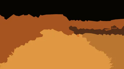 Abstrakte Komposition aus großen orangefarbenen und ockerfarbenen Flächen mit gezackten Rändern, oben schwarz, rechts unten dunkelbraune Streifen.
