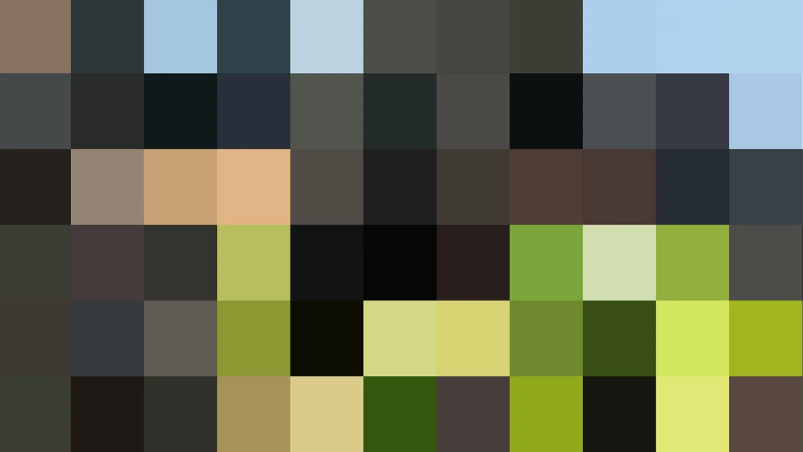 Raster aus kleinen farbigen Quadraten in Grün, Gelb, Blau, Braun und Schwarz, das eine abstrakte Fläche bildet.