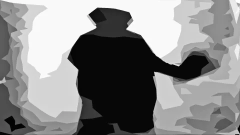 Schwarze Silhouette einer Person mit hutähnlichem Kopf und ausgestrecktem Arm vor grau gestuften, kantigen Flächen auf hellem Grund.