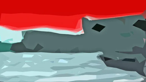 Abstrakte Komposition mit einem leuchtend roten Band oben, darunter graue und dunkelgrüne Facetten und helle eisblaue Flächen am unteren Rand.