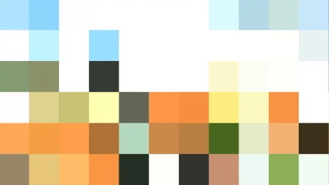 Pixelmosaik aus großen farbigen Quadraten in Blau, Weiß, Grün, Orange, Gelb und Dunkelbraun
